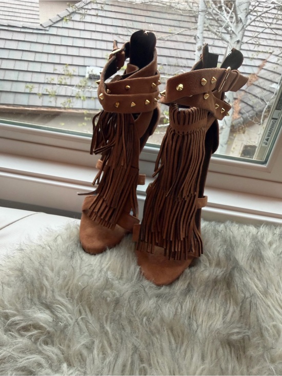 FSJ Brown Fringe Studded High Heel Sandals with Ankle Wrap